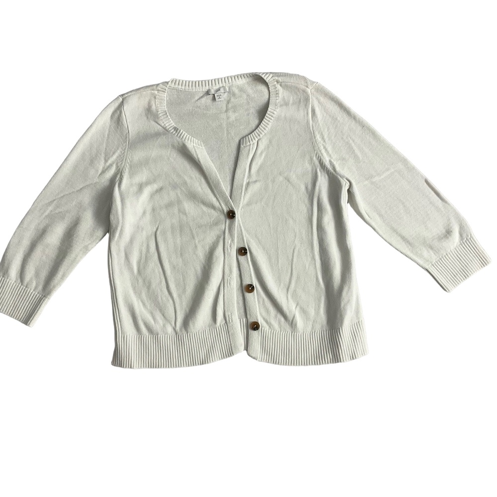 J Jill White‎ 3/4 Sleeves Button Up Ribbed Hem Cuffs Womens Cardigan M